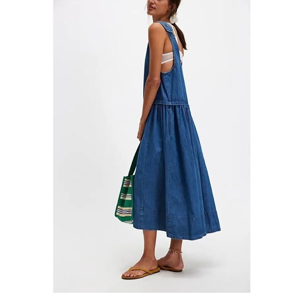 Free People Retro 90s Soraya Light Denim Sky Drop Waist Midi Jumper Dress Medium - Picture 2 of 13